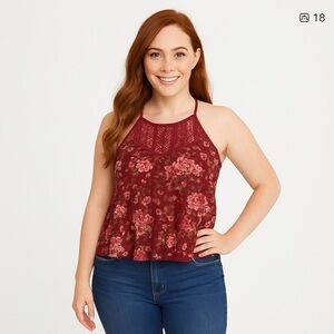 Almost Famous Burgundy Floral Lace Tank Top Medium